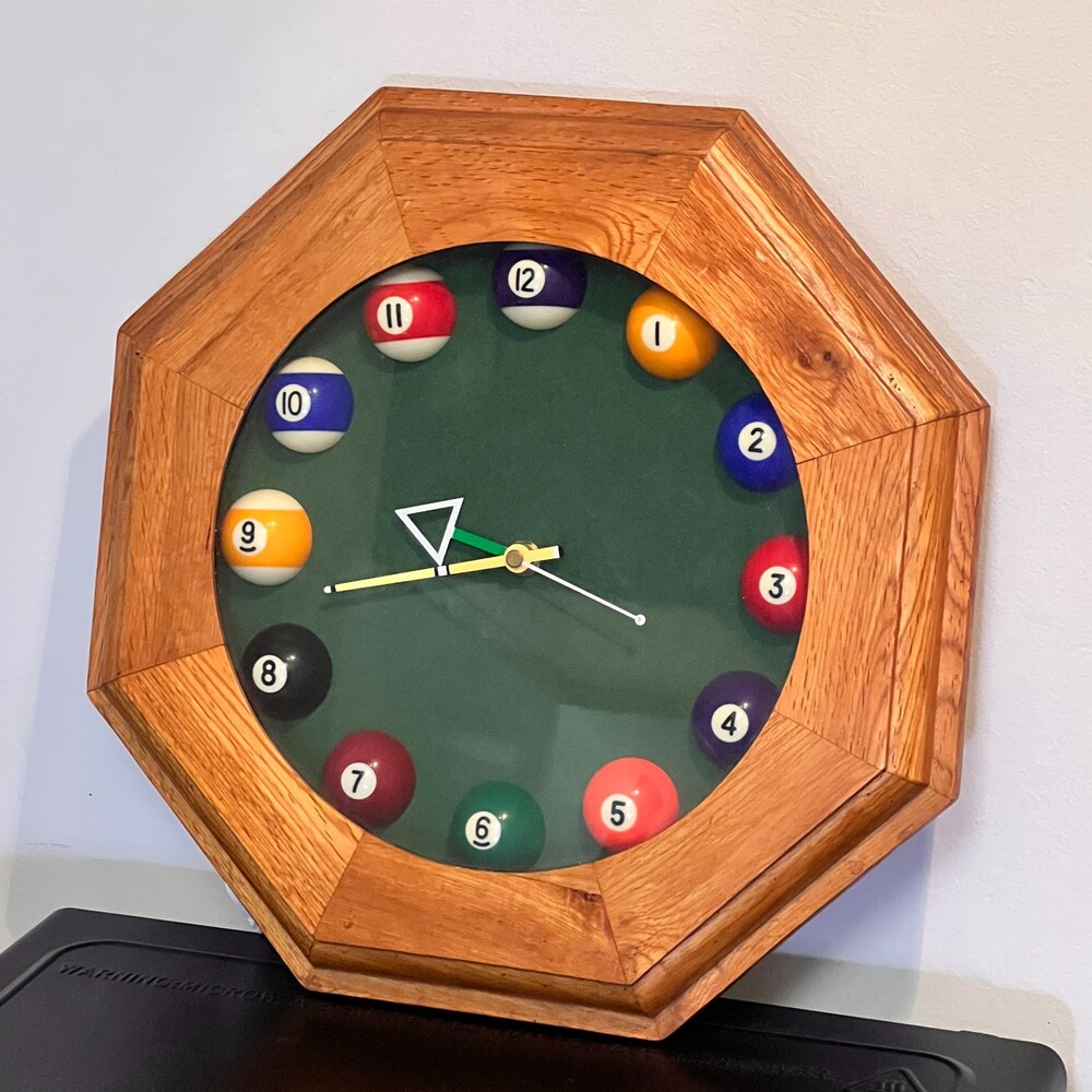 Octagonal Wooden Billiard Ball Wall Clock Green Felt Pool Game Room Decor
